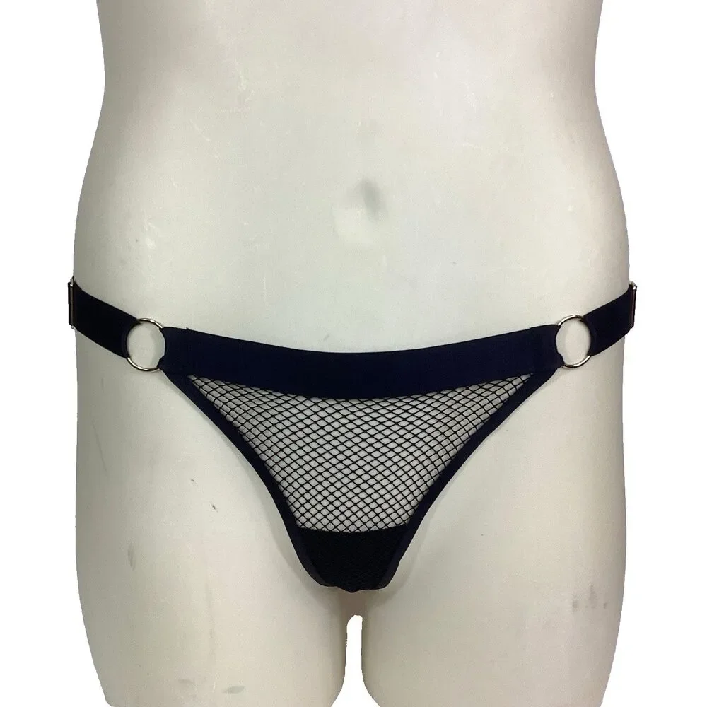 Victorias Secret Very Sexy Thong String Small/Petite Black Fishnet Gold Hardware